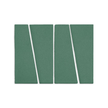 Four Cilantro green, textured Trumpet clay tiles by Clay Imports, arranged with diagonal cuts.