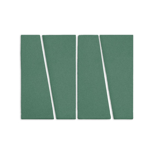 Four Cilantro green, textured Trumpet clay tiles by Clay Imports, arranged with diagonal cuts.