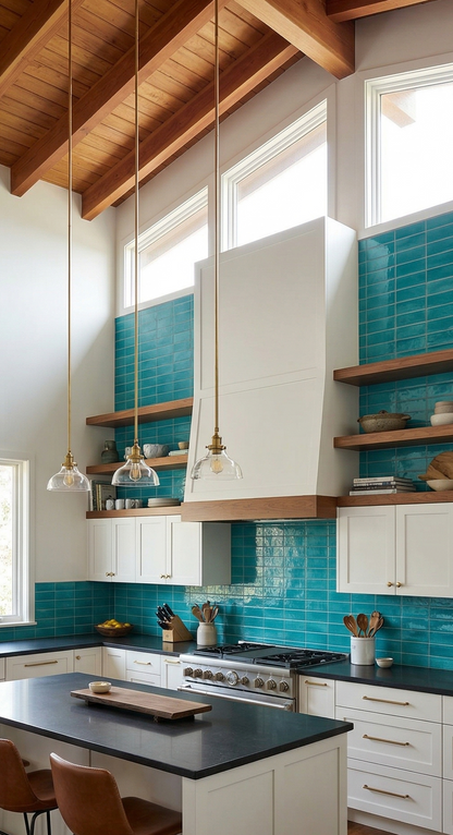 Turquoise Crackle 2x6 clay tile by Clay Imports as a glossy, textured kitchen backsplash in a modern white kitchen.