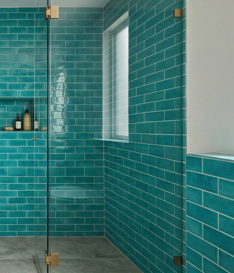 Turquoise crackle clay subway tiles by Clay Imports with white grout in a modern shower enclosure.