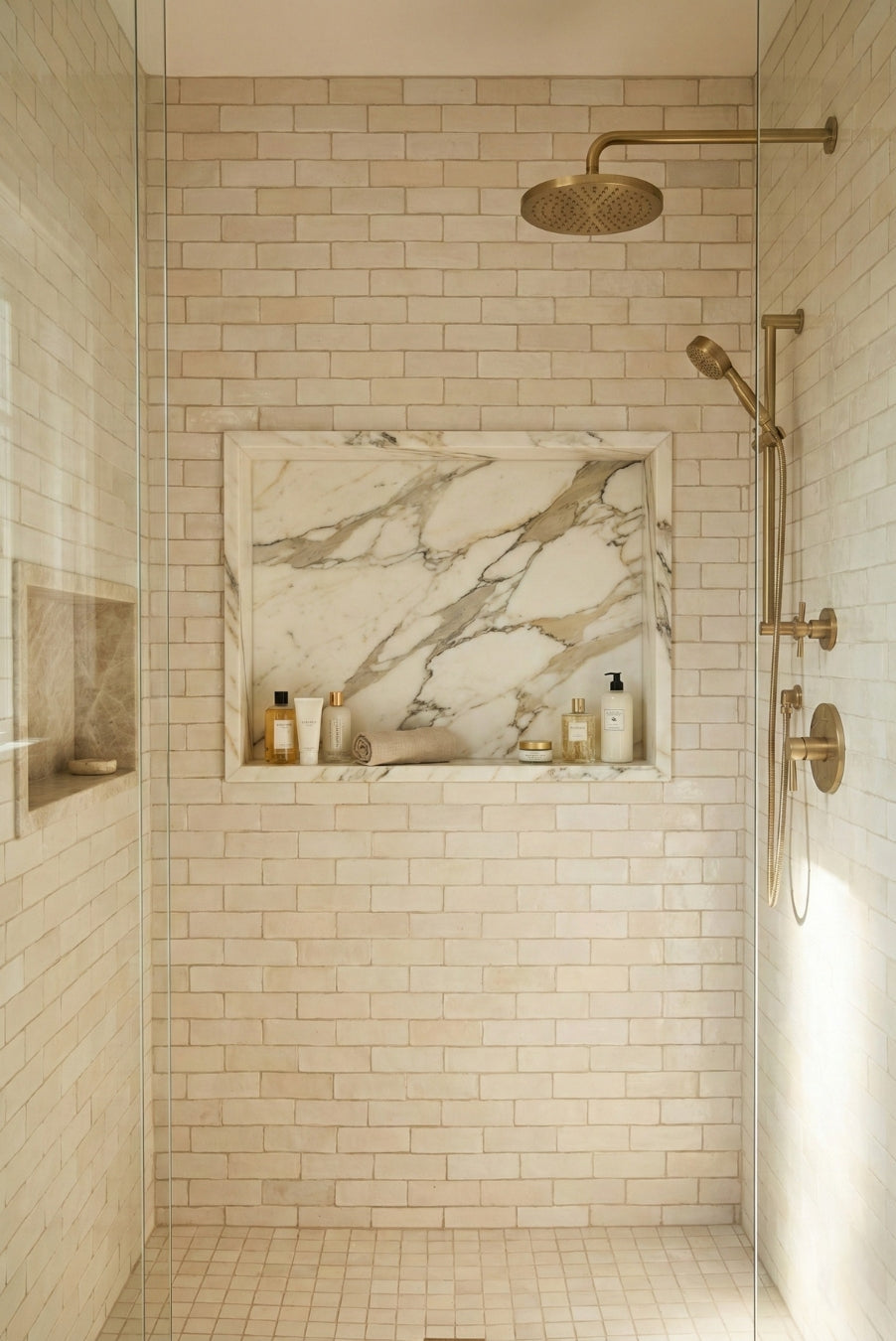 Glazed Linen subway tiles in light beige by Clay Imports, covering a modern shower wall with a marble niche.