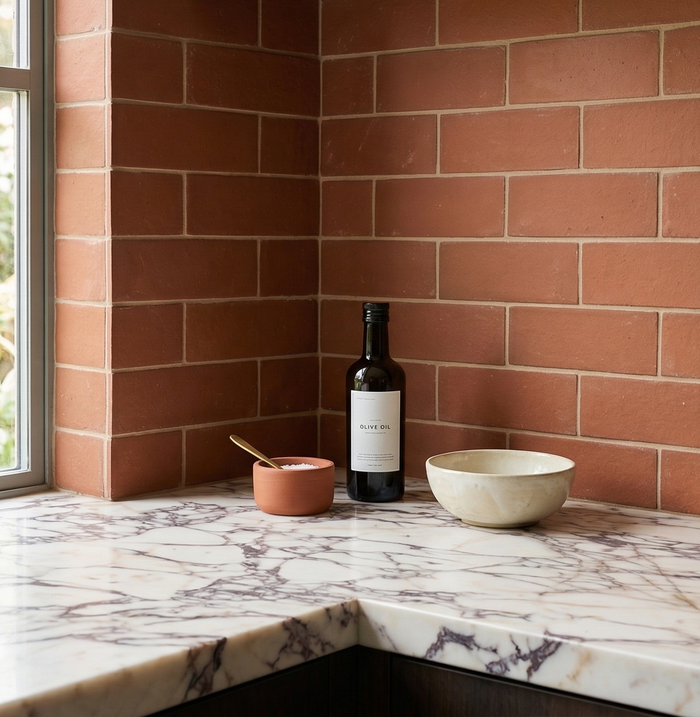 Rectangular Umber Cotto tiles by Clay Imports in a kitchen backsplash with light grout and a marble countertop.