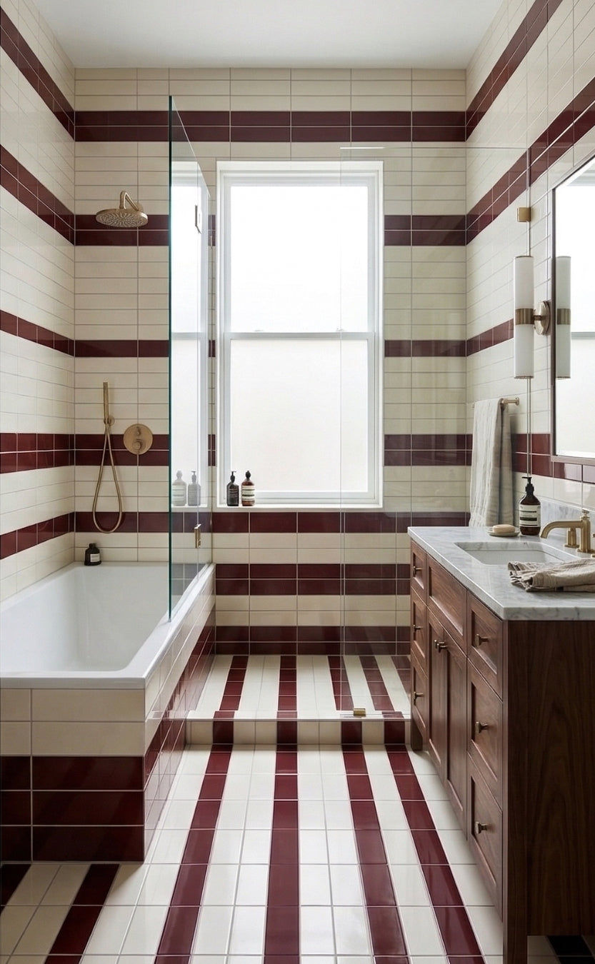 Fossil Gloss 2x8 Solid Tile by Clay Imports in a cream and maroon striped pattern on walls and floor.
