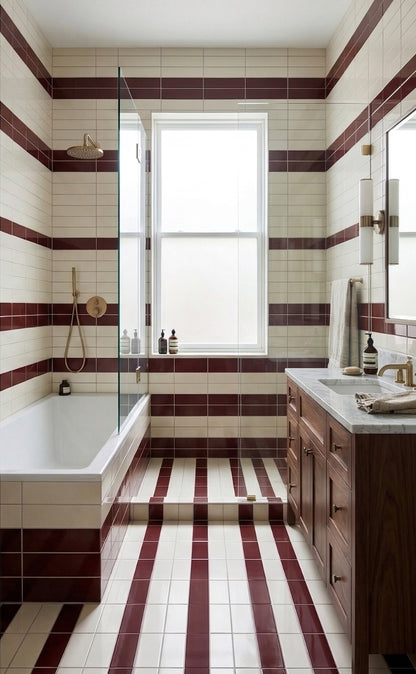 Fossil Gloss 2x8 Solid Tile by Clay Imports in a cream and maroon striped pattern on walls and floor.