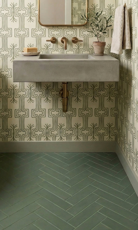 Green 2x8 clay tiles by Clay Imports laid in a herringbone pattern on a bathroom floor with a concrete sink and patterned wallpaper.