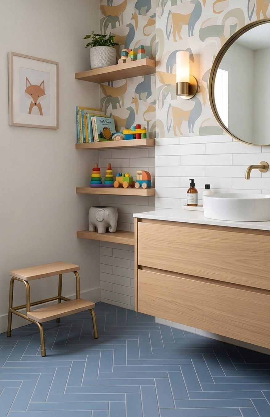 Denim blue 2x8 clay tiles by Clay Imports laid in a herringbone pattern on a modern bathroom floor.