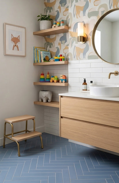 Denim blue 2x8 clay tiles by Clay Imports laid in a herringbone pattern on a modern bathroom floor.