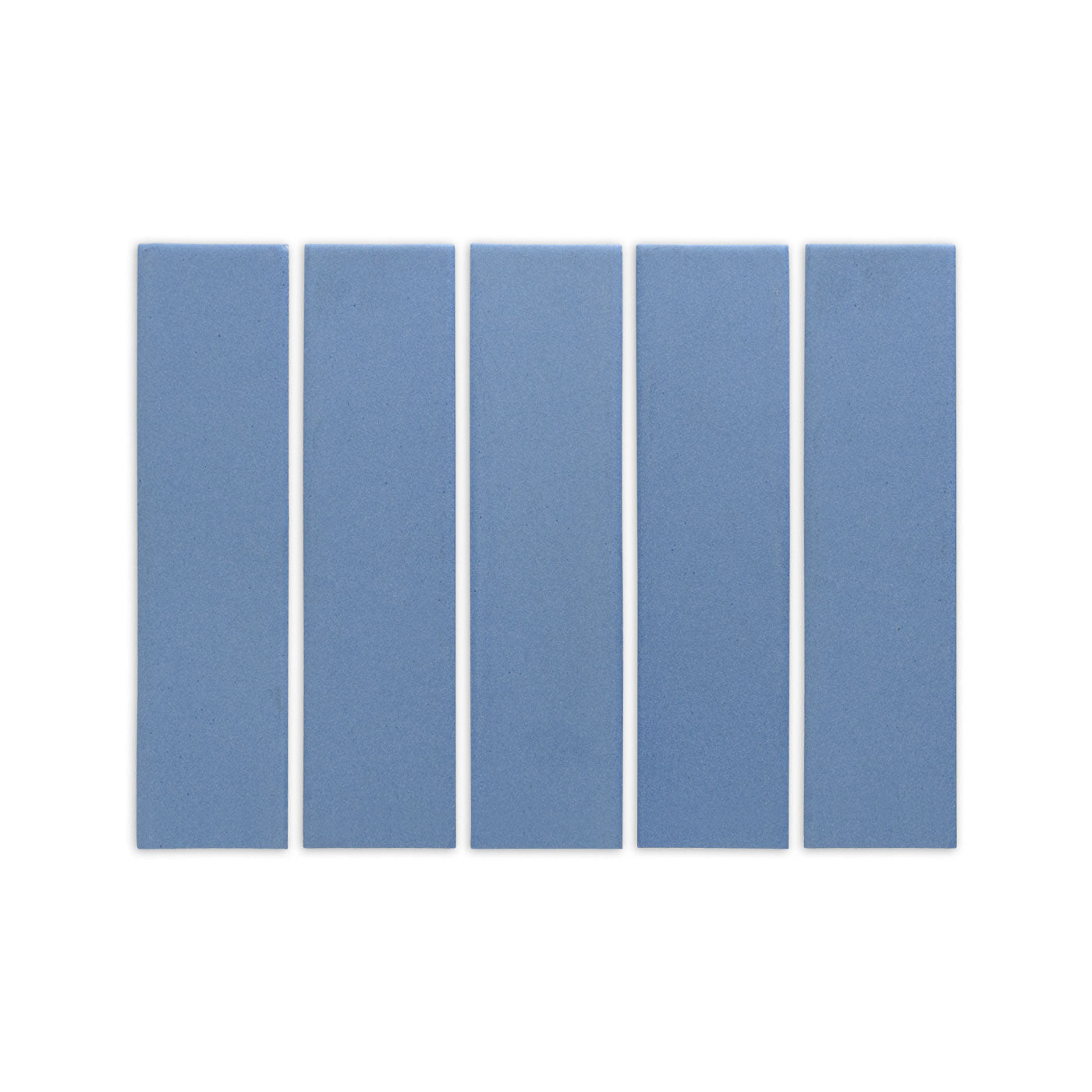 Denim blue 2x8 clay tile by Clay Imports, showing five vertically arranged pieces with a textured matte surface.