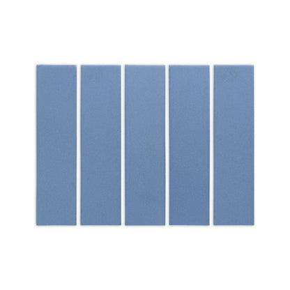 Denim blue 2x8 clay tile by Clay Imports, showing five vertically arranged pieces with a textured matte surface.