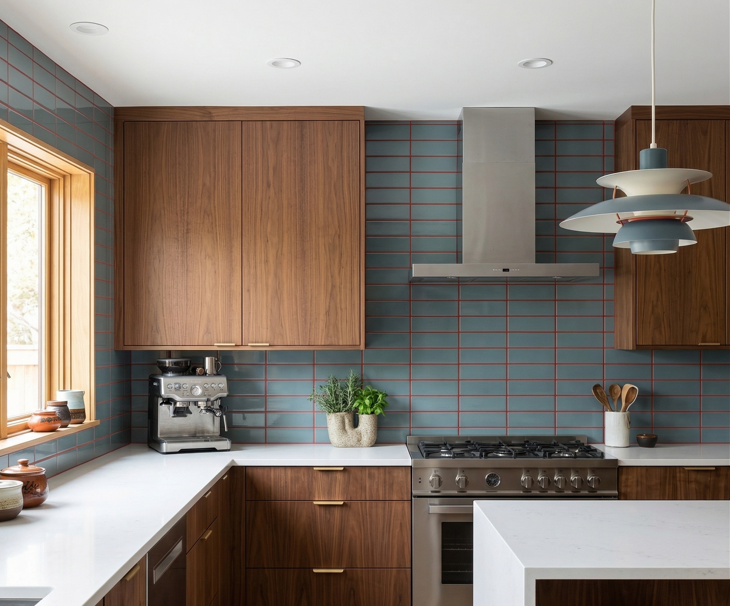 2x8 Dragonfly Gloss solid tiles by Clay Imports, forming a kitchen backsplash with horizontal brick pattern and dark red grout.