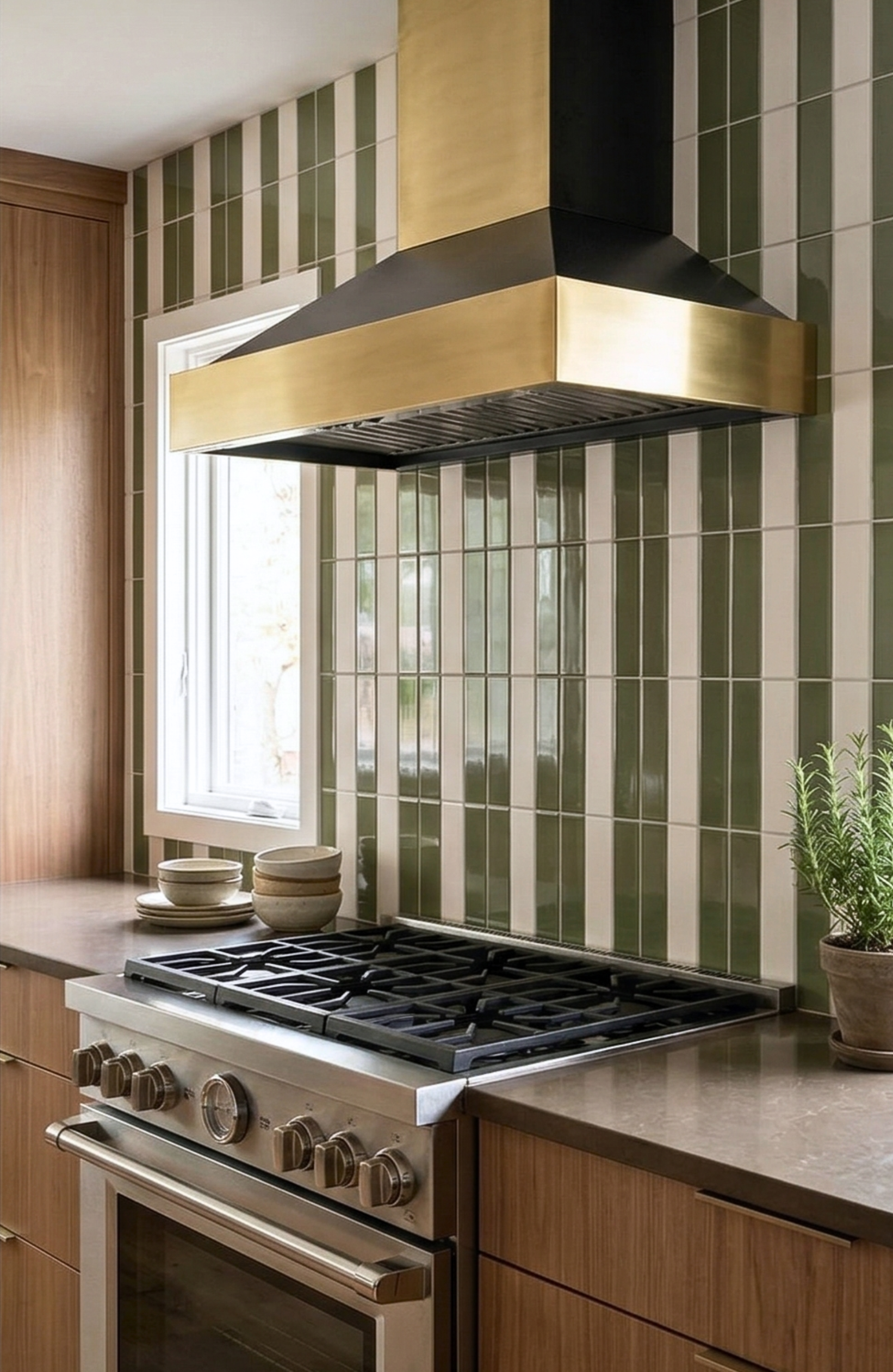 Mirage Matte 2x8 Solid Tile by Clay Imports in a vertical striped pattern of sage green and off-white.