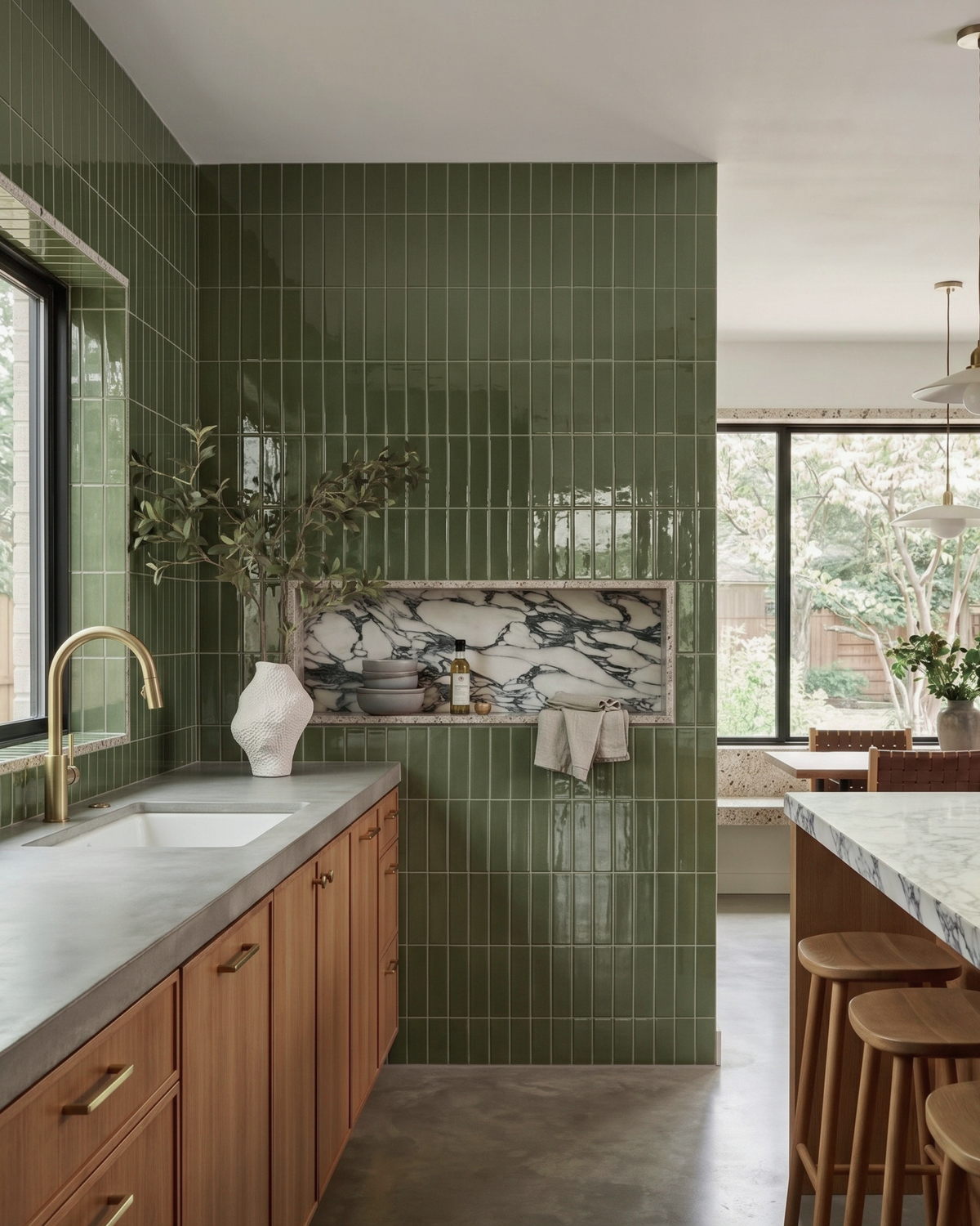 A modern kitchen features glossy olive green vertical subway tiles, wooden cabinets with a concrete countertop, and a marble-backed niche displaying decorative bowls.
