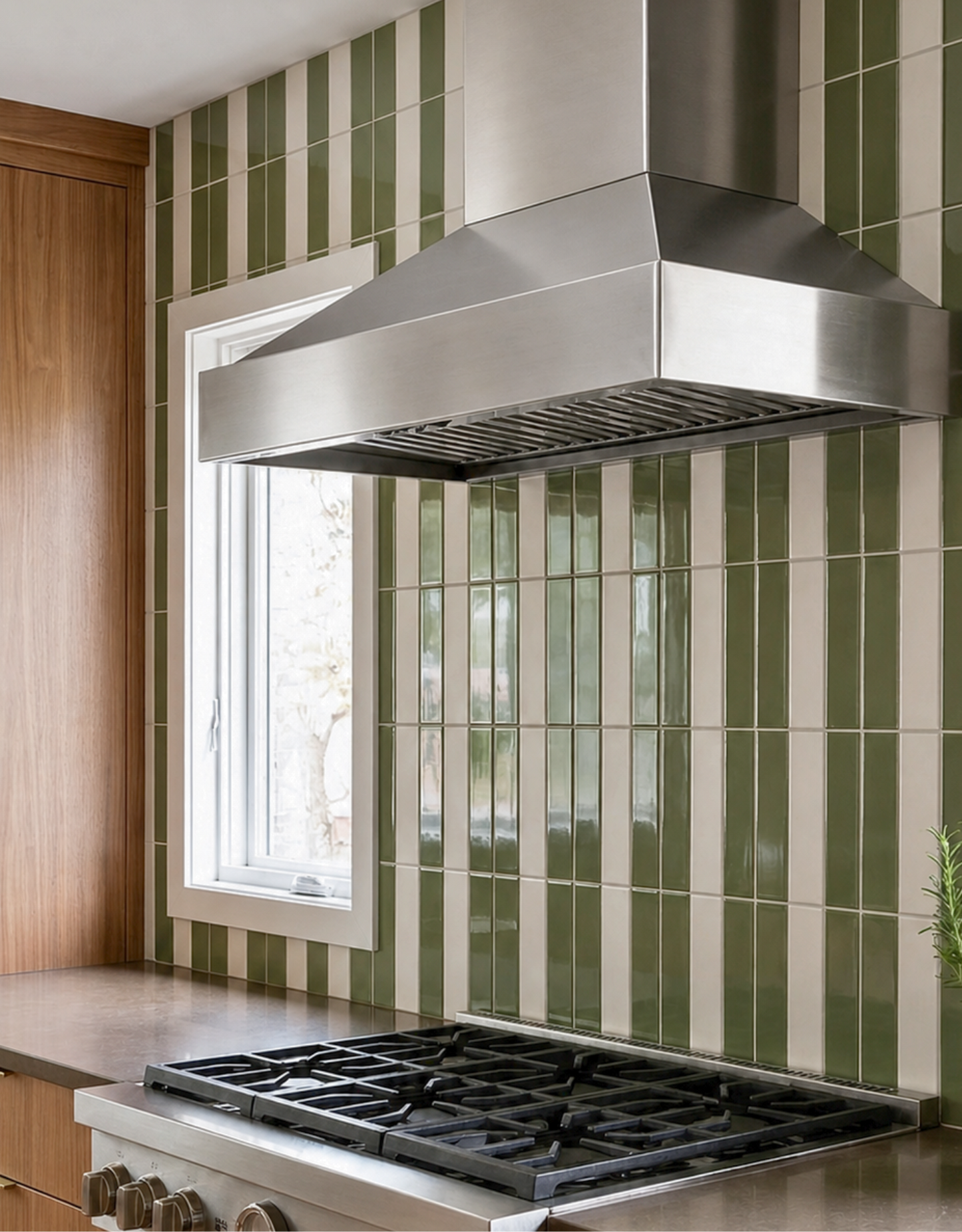 Modern kitchen with stainless steel stove and vent hood against a striped tile backsplash.