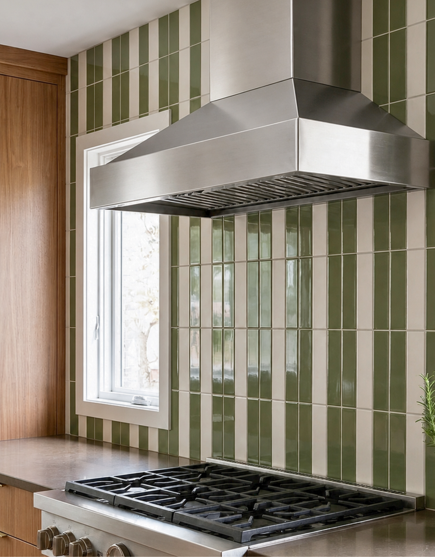 Modern kitchen with stainless steel stove and vent hood against a striped tile backsplash.