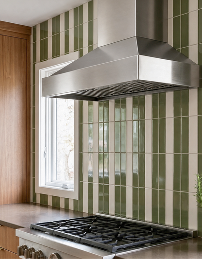 Modern kitchen with stainless steel stove and vent hood against a striped tile backsplash.