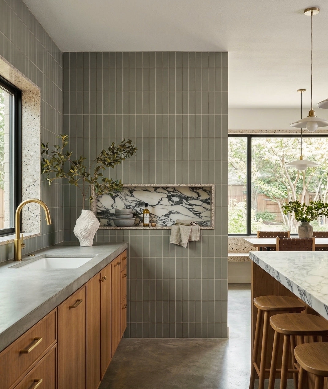 Gallo Green 2x8 clay tile by Clay Imports installed vertically on a kitchen wall with a marble niche.