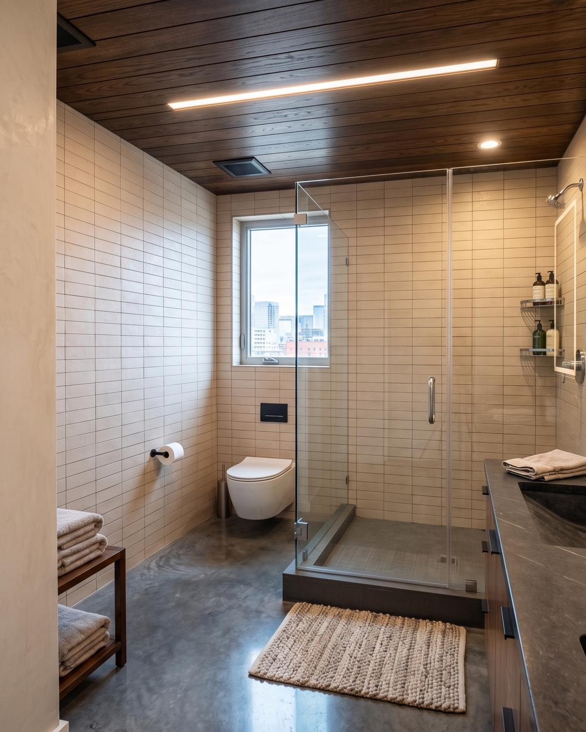 Modern bathroom interior with a glass walk-in shower, white subway tile walls, dark wood ceiling, gray concrete floor, and a woven bath rug.