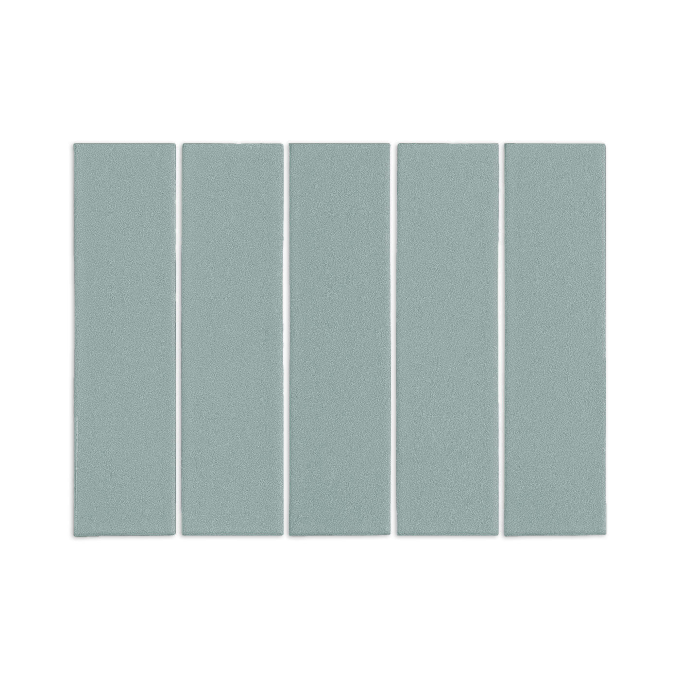 Five light blue-green rectangular clay tiles by Clay Imports, arranged vertically with thin white grout lines, featuring a matte, textured surface.