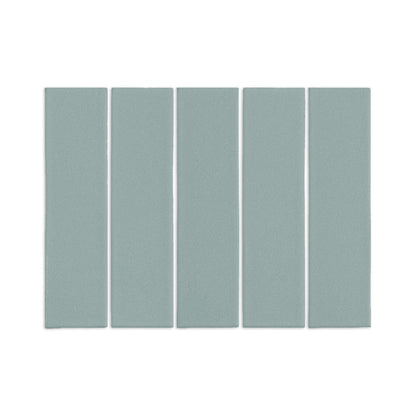 Five light blue-green rectangular clay tiles by Clay Imports, arranged vertically with thin white grout lines, featuring a matte, textured surface.