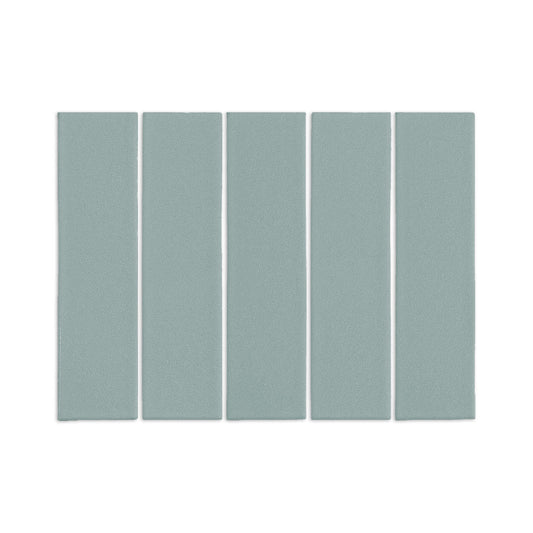 Five light blue-green rectangular clay tiles by Clay Imports, arranged vertically with thin white grout lines, featuring a matte, textured surface.