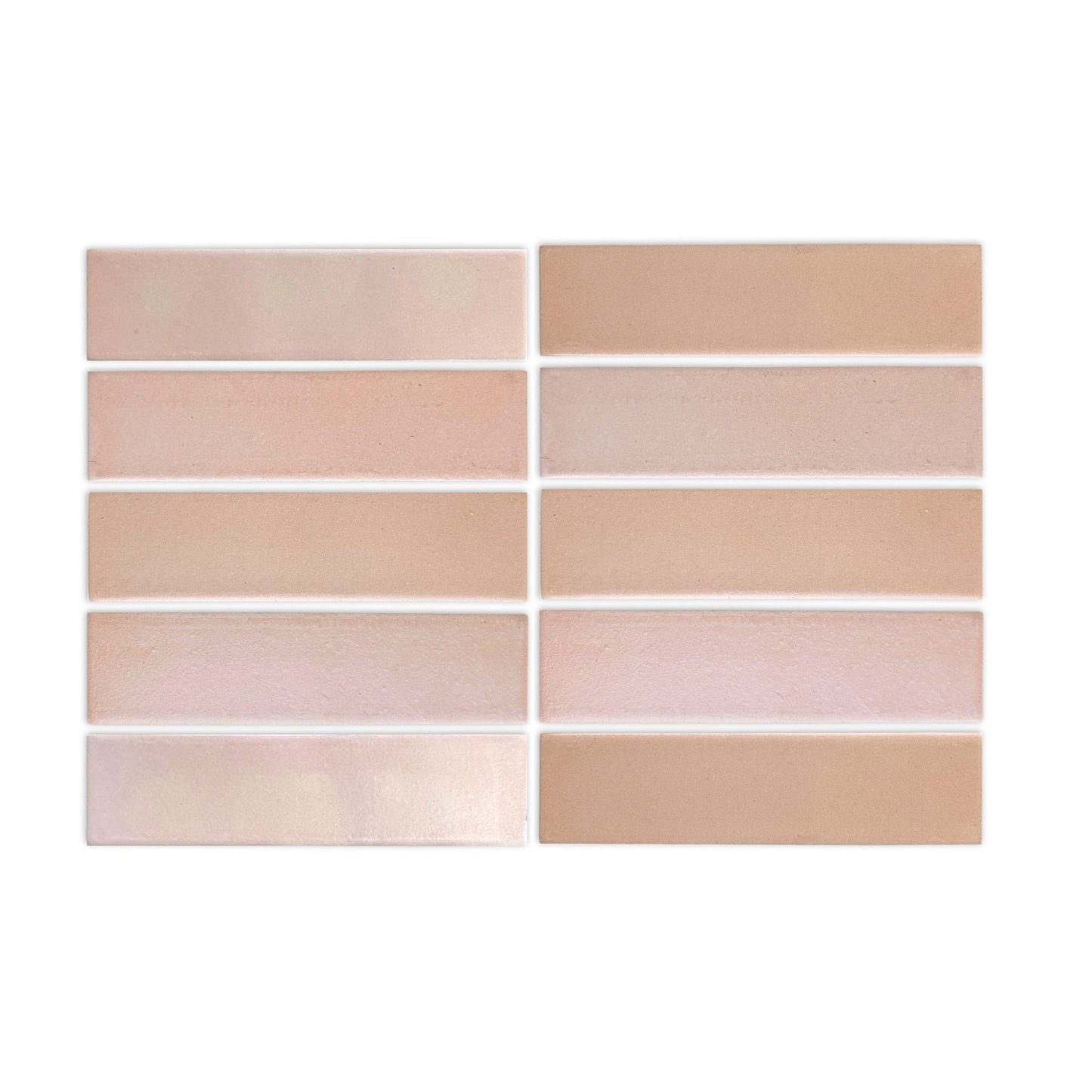 Opaque 2x8 clay tiles by Clay Imports, showcasing two columns of varying pink, lavender, and warm tan shades.
