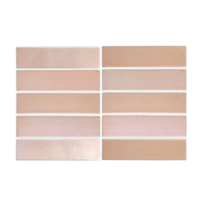 Opaque 2x8 clay tiles by Clay Imports, showcasing two columns of varying pink, lavender, and warm tan shades.