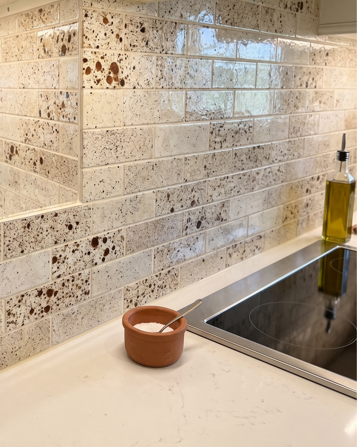 A kitchen backsplash made of glossy rectangular subway tiles with a speckled beige and brown terrazzo-like pattern, installed above a white countertop with a black induction cooktop and a small terracotta bowl.