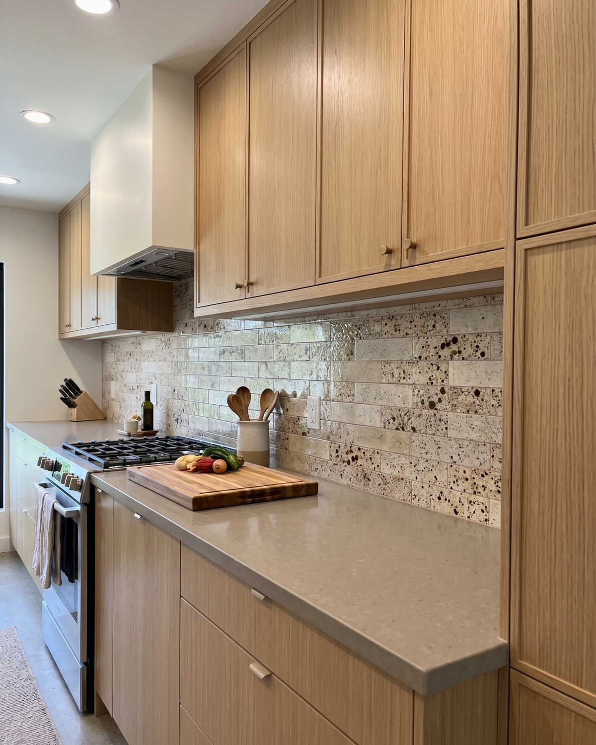 A modern kitchen interior with light wood cabinets, a speckled stone backsplash, gray countertops, a built-in gas stove, and a wooden cutting board with fruit on the counter.