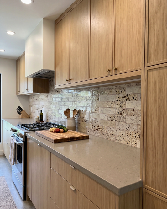 A modern kitchen interior with light wood cabinets, a speckled stone backsplash, gray countertops, a built-in gas stove, and a wooden cutting board with fruit on the counter.