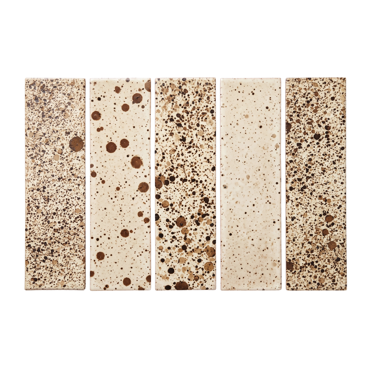 Five rectangular ceramic tiles with speckled terrazzo-style patterns in beige, brown, and cream, arranged side-by-side on a white background.