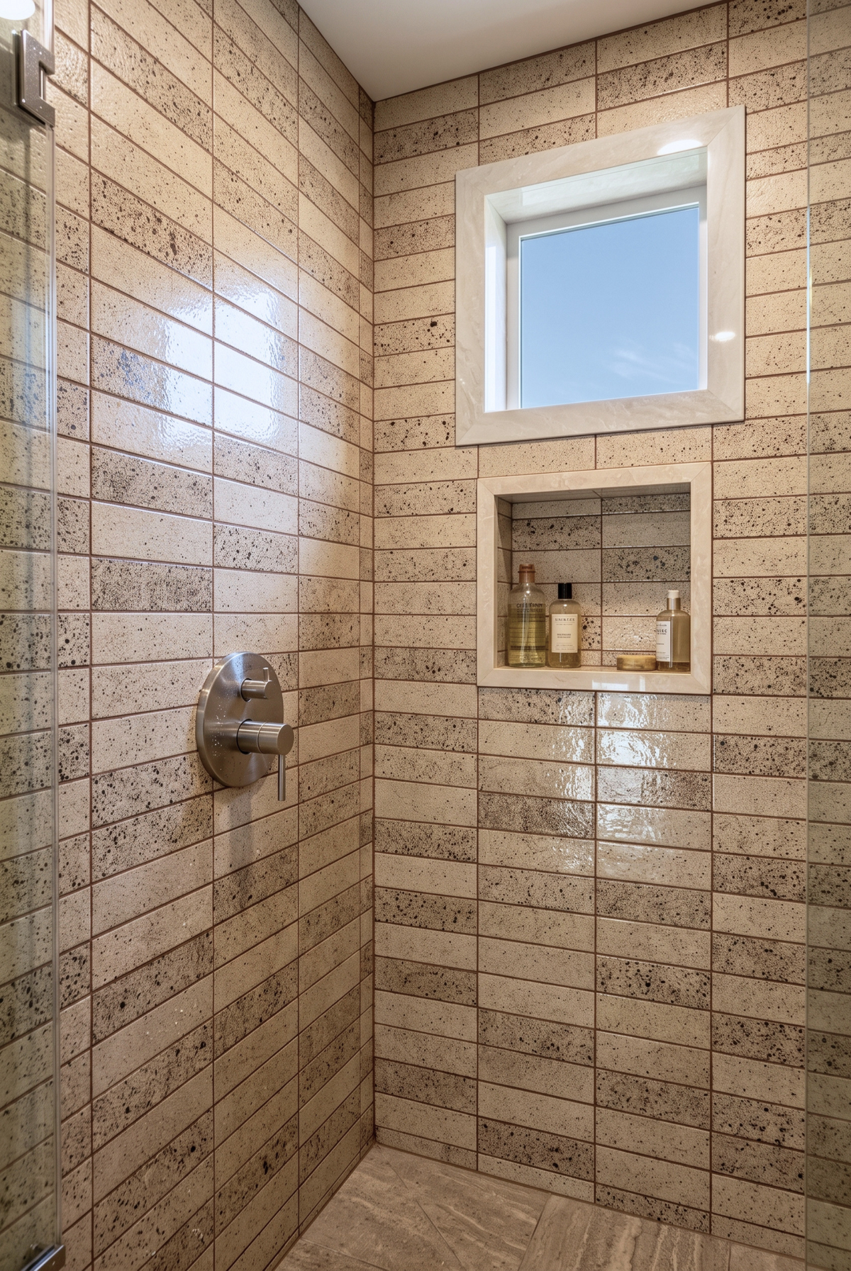 A modern walk-in shower corner with beige stone-look rectangular tiles, a glass door edge, a wall-mounted chrome shower handle, a recessed shelf with toiletries, and a small square window above the shelf.