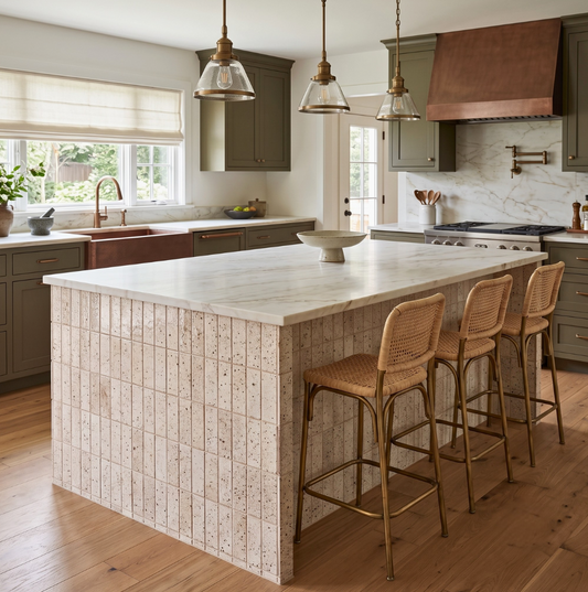 A modern kitchen island with a light stone countertop and backsplash, surrounded by four woven-back bar stools with gold metal frames. The kitchen features dark gray cabinets, a copper range hood, and light wood floors.