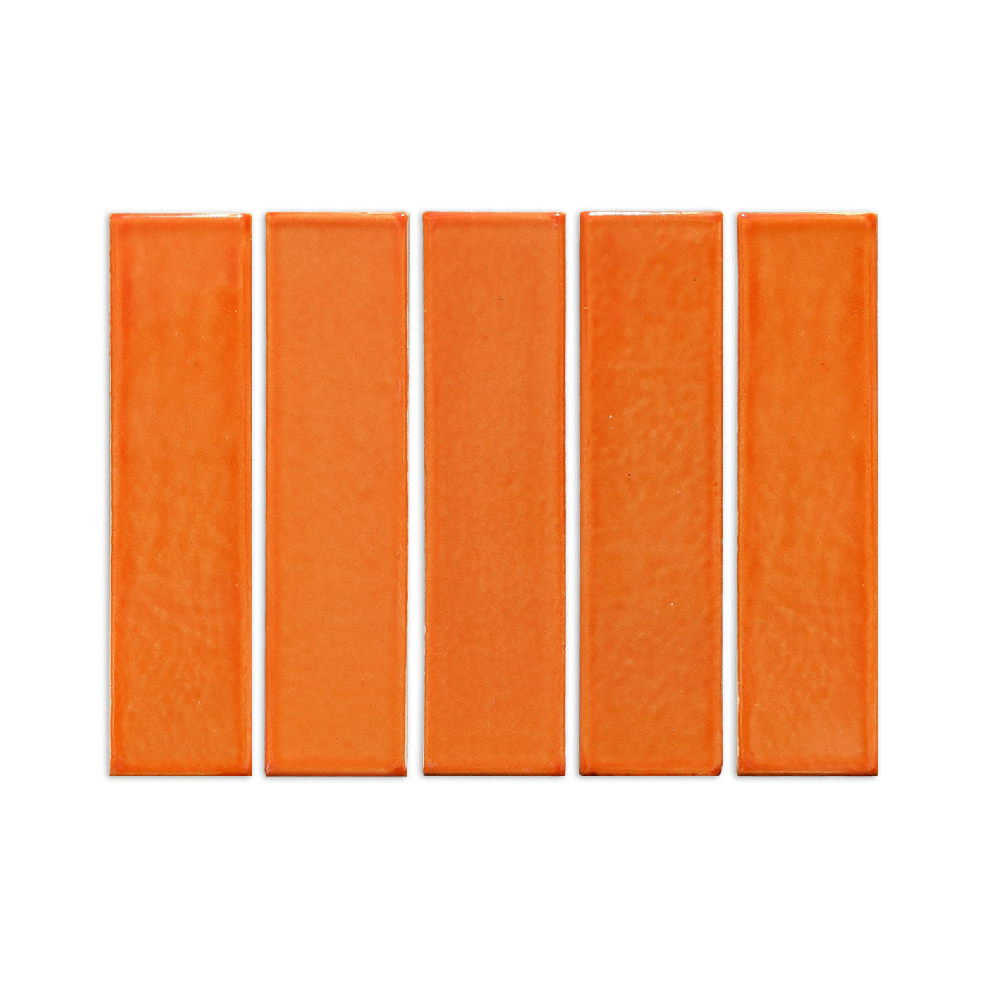 Orange 2x8 rectangular clay tile by Clay Imports, showing five glossy tiles with textured surface and rustic edges.