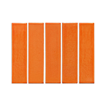 Orange 2x8 rectangular clay tile by Clay Imports, showing five glossy tiles with textured surface and rustic edges.