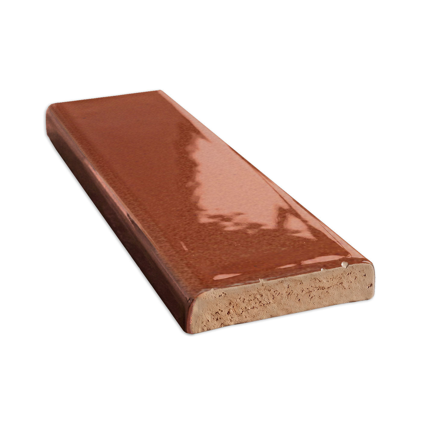 Single bullnose tile in a root beer gloss finish by Clay Imports, showing a rounded edge and visible light beige core.