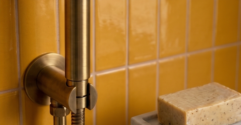 Glossy yellow clay tiles by Clay Imports, arranged on a wall next to a brass shower fixture and natural soap.