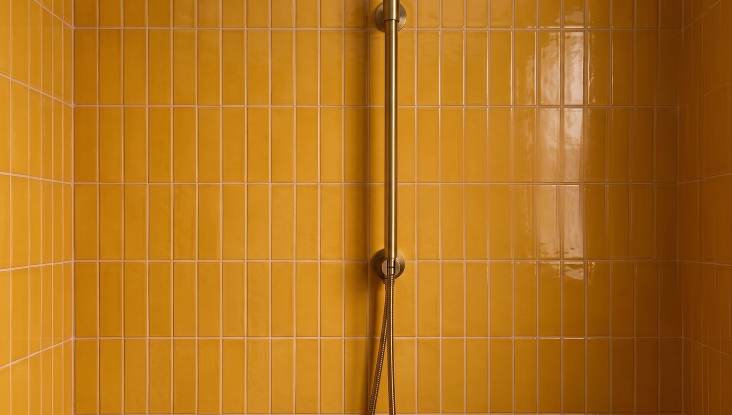 Marigold yellow clay tiles by Clay Imports, vertically stacked in a shower with a brass fixture.