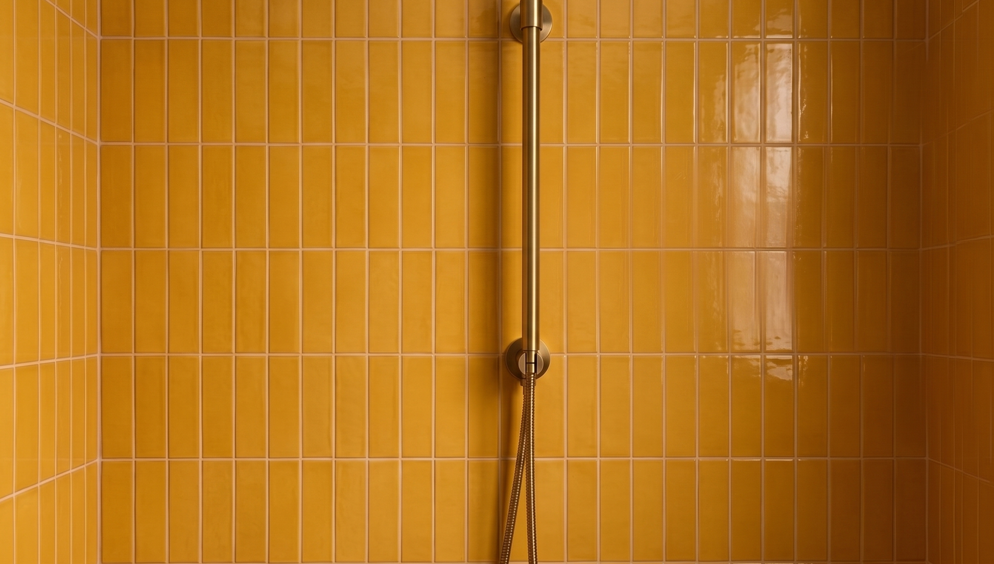 Marigold yellow clay tiles by Clay Imports, vertically stacked in a shower with a brass fixture.