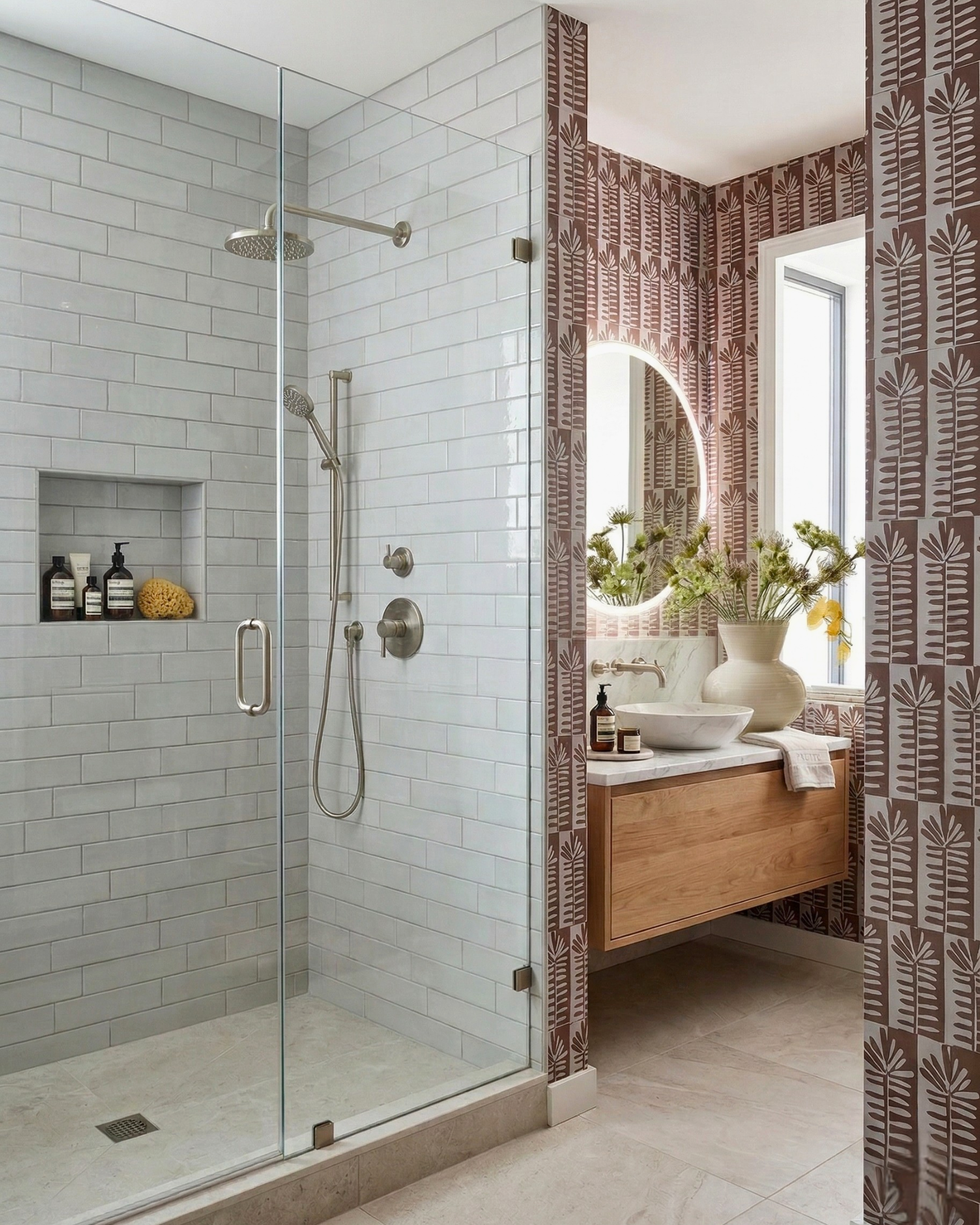 Light gray Static 2x8 clay tiles by Clay Imports lining a modern shower with glass enclosure and brushed nickel fixtures.