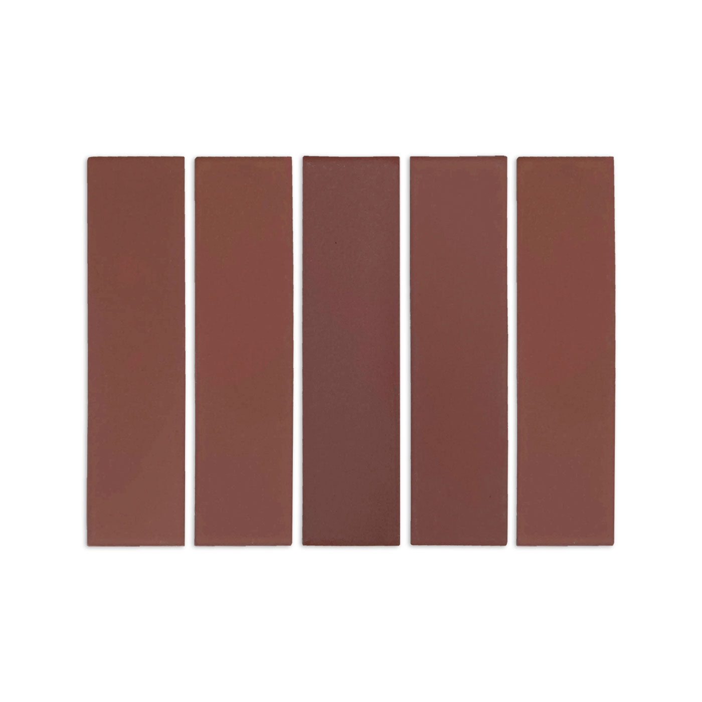 Five rectangular reddish-brown clay tiles by Clay Imports in varying earthy shades, laid side-by-side.