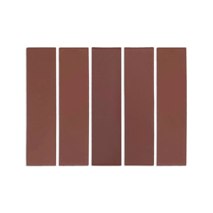 Five rectangular reddish-brown clay tiles by Clay Imports in varying earthy shades, laid side-by-side.