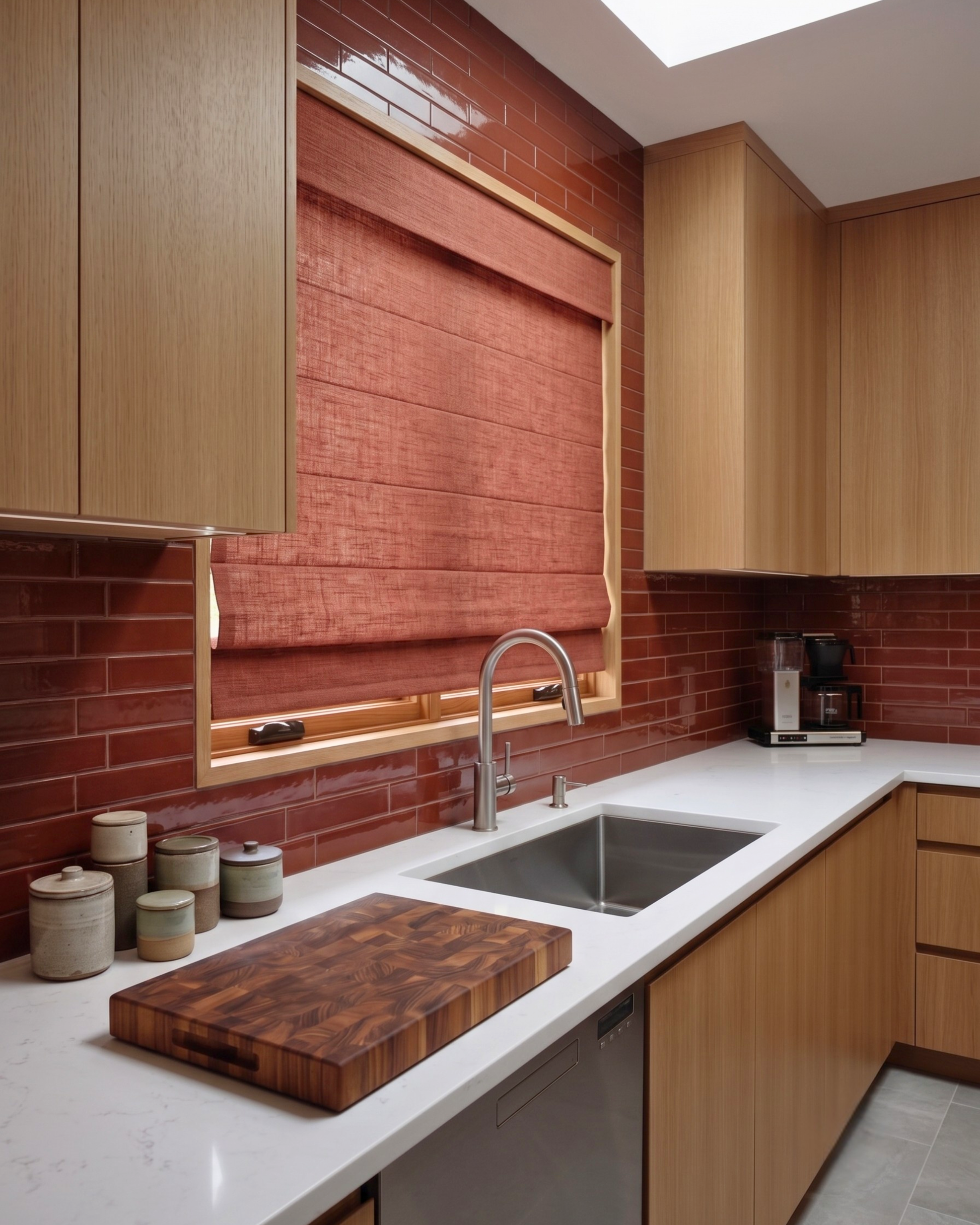 A modern kitchen interior with light wood cabinets, a white countertop, a stainless steel sink, and a red brick backsplash behind a window with a rust-colored roller shade.