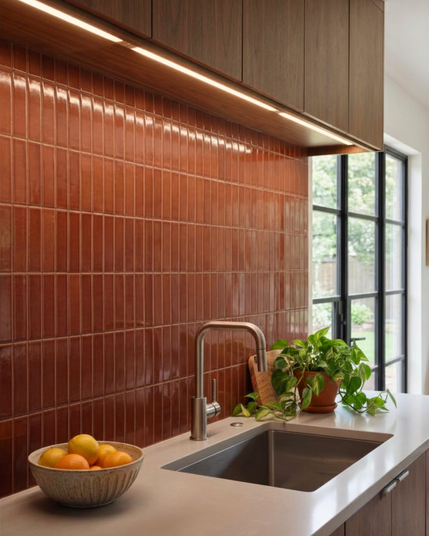 A modern kitchen corner with glossy vertical terracotta tile backsplash, a light stone countertop, a stainless steel sink, a curved faucet, a bowl of oranges, and potted green plants near a black-framed window.
