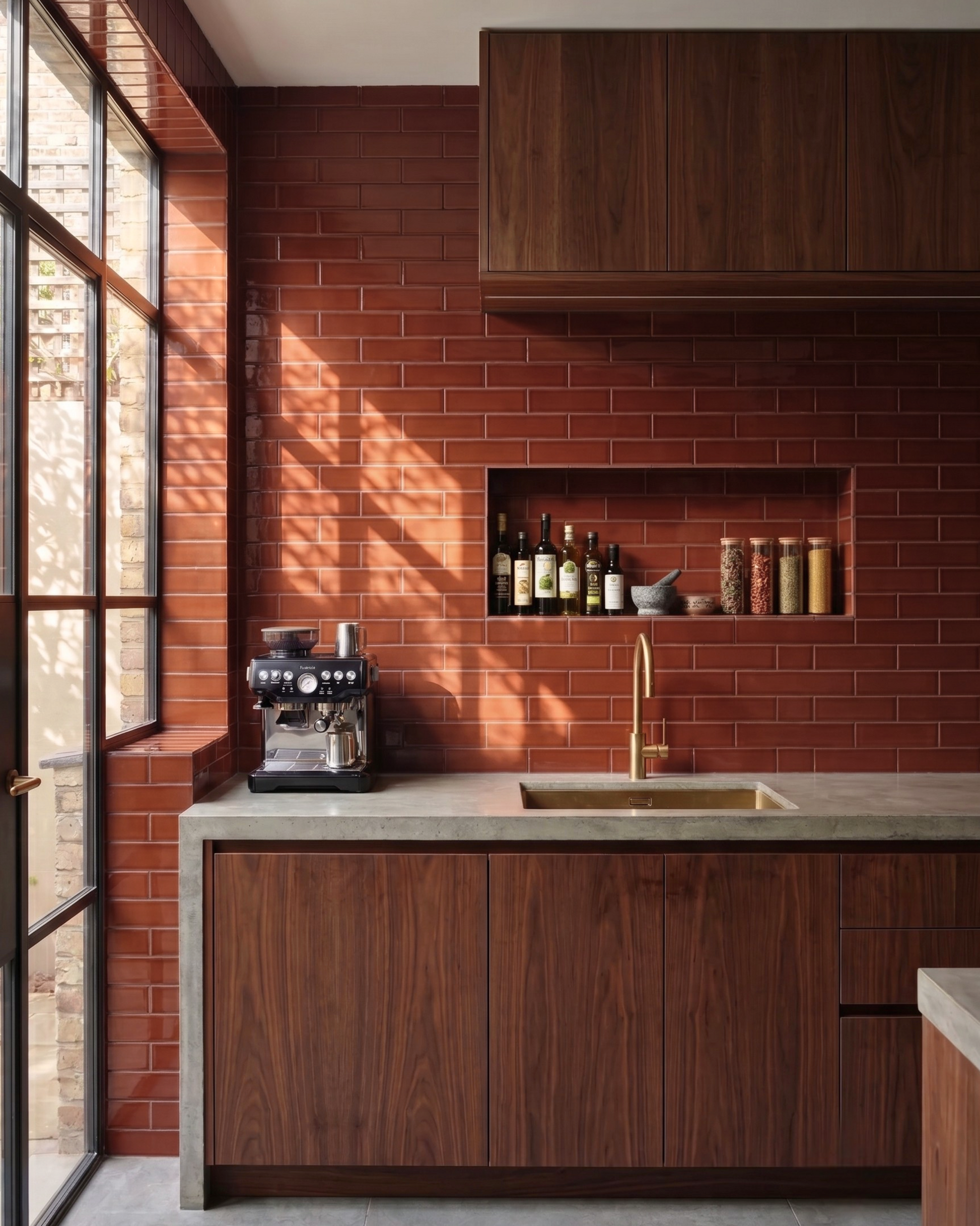 A modern kitchen interior with dark wood cabinets, a red brick backsplash, a concrete countertop, and a brass sink faucet. A built-in shelf holds bottles and jars, and a window on the left casts warm sunlight across the wall.