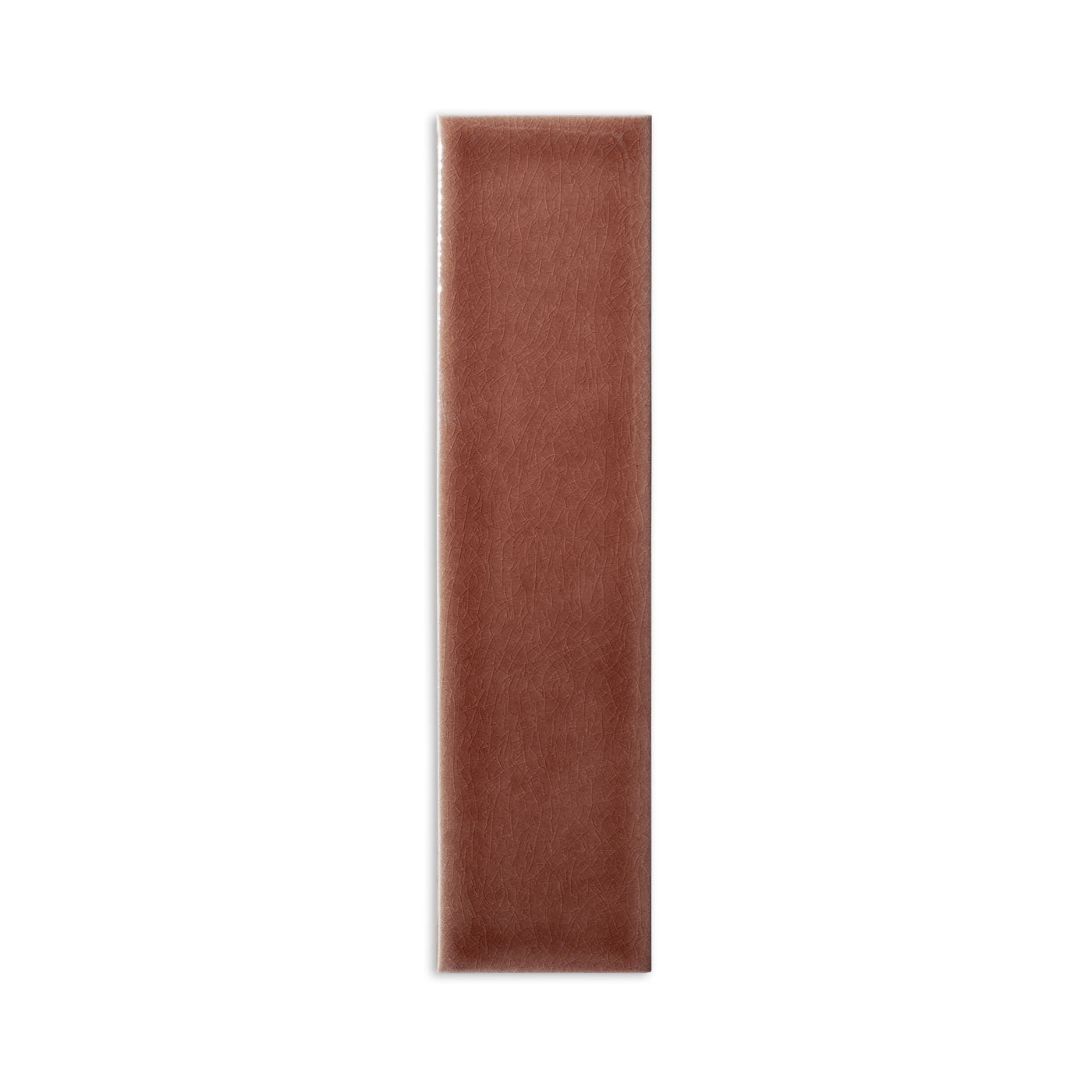 Russet glossy 2x8 sample tile by Clay Imports with subtle crackle glaze texture, presented vertically.
