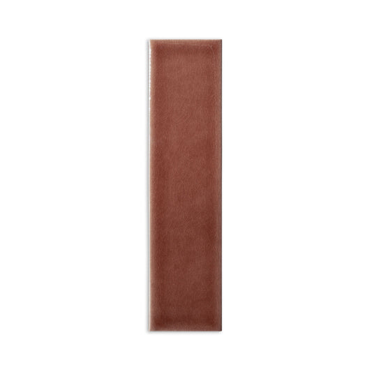 Russet glossy 2x8 sample tile by Clay Imports with subtle crackle glaze texture, presented vertically.