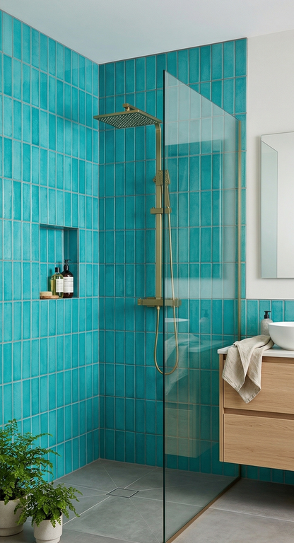 Turquoise crackle 2x8 clay tiles by Clay Imports, vertically stacked on shower walls in a modern bathroom with gold fixtures and a glass screen.