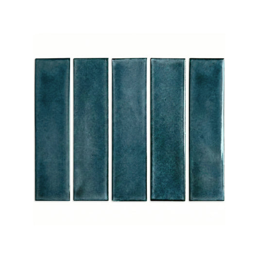Botanical Teal 2x8 clay tiles by Clay Imports, showing five vertical pieces with a glazed texture.