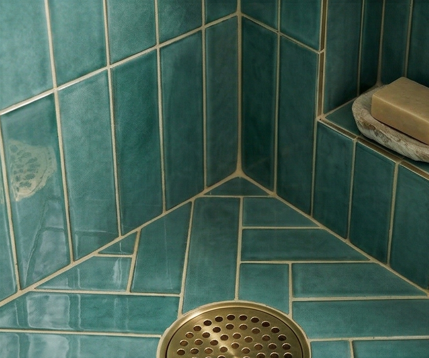 Grotto Green clay tiles by Clay Imports in a geometric and chevron pattern within a shower corner, with a brass drain and soap.