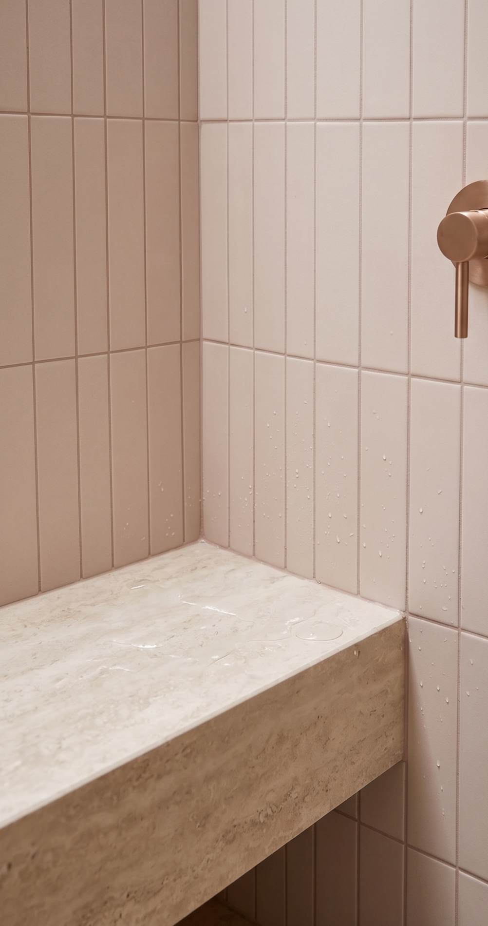 Vertically stacked pink rectangular clay tiles by Clay Imports lining a shower with a wet travertine bench and bronze faucet.